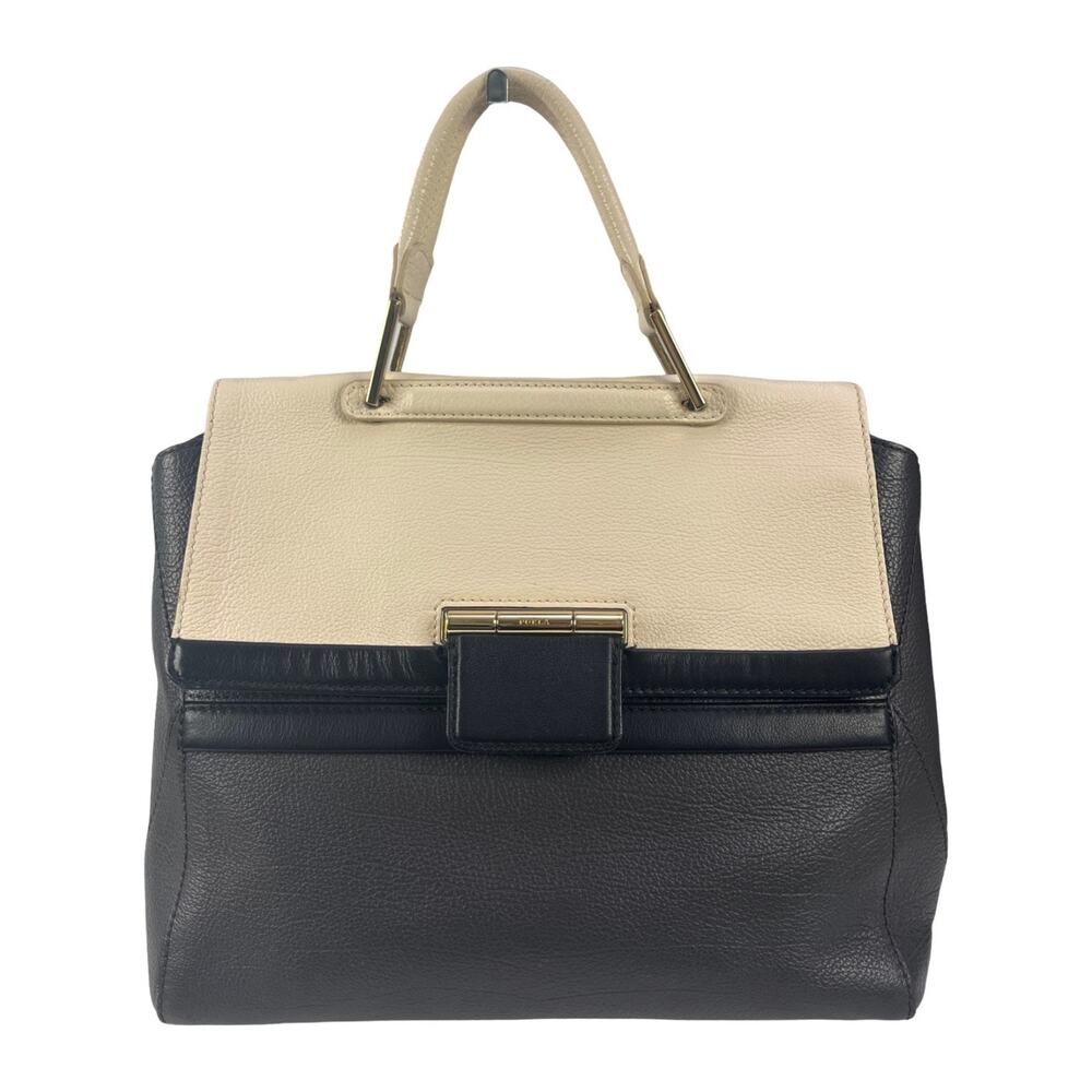 Furla Colorblock Leather Satchel Bag Black/Gray Cream Top Handle Crossbody Italy